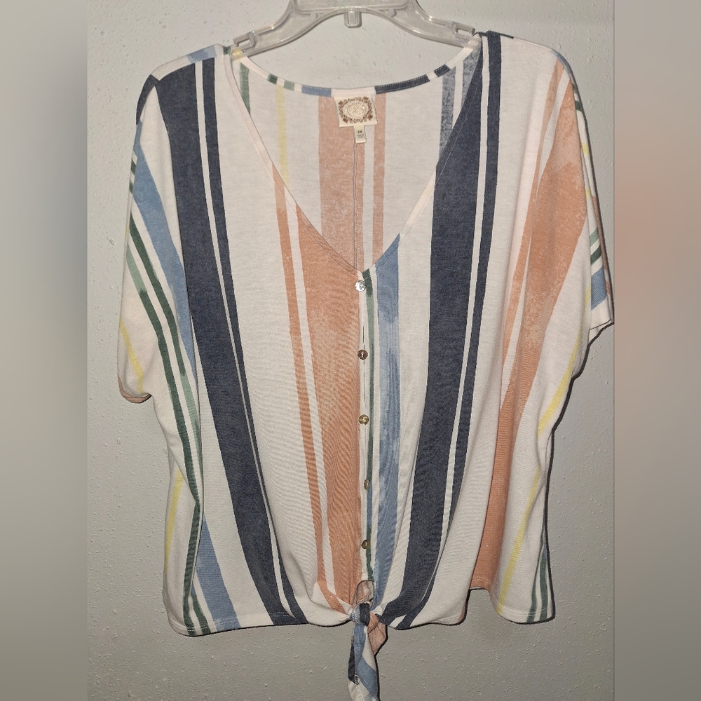 Striped V-Neck Button-Down Top 2X